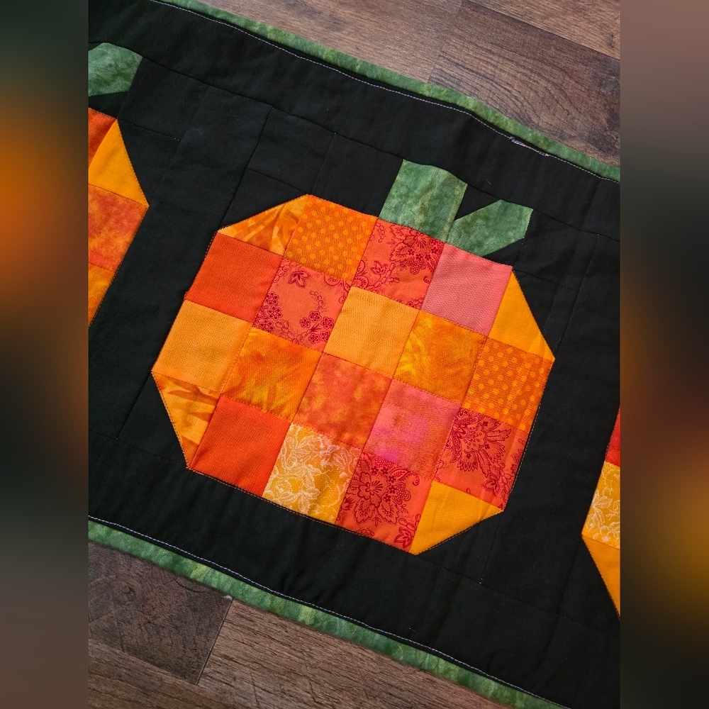 Handmade Quilted Scrappy Pumpkin Holiday Table Runner Decoration - Picture 2 of 6
